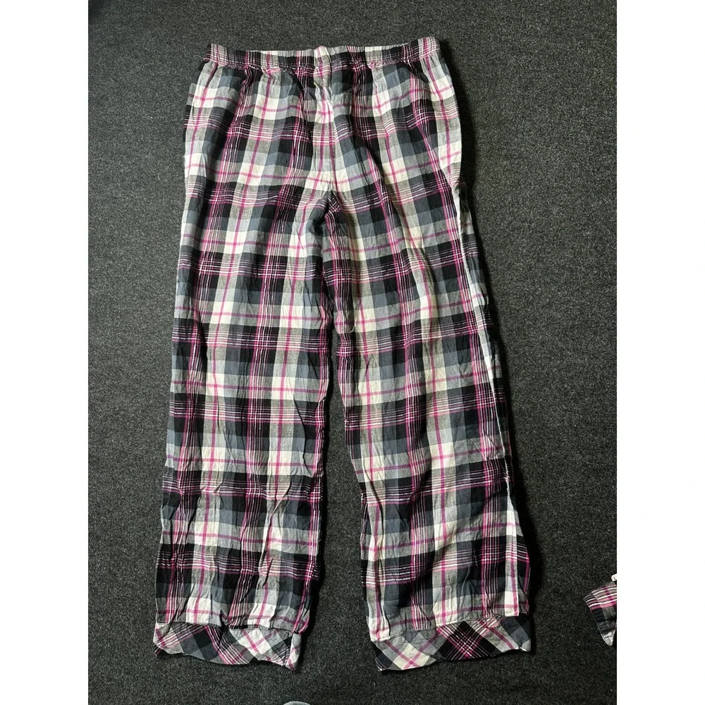 Victorias Secret Plaid Pajama Set Pink Gray White Shimmer Cotton Modal Large